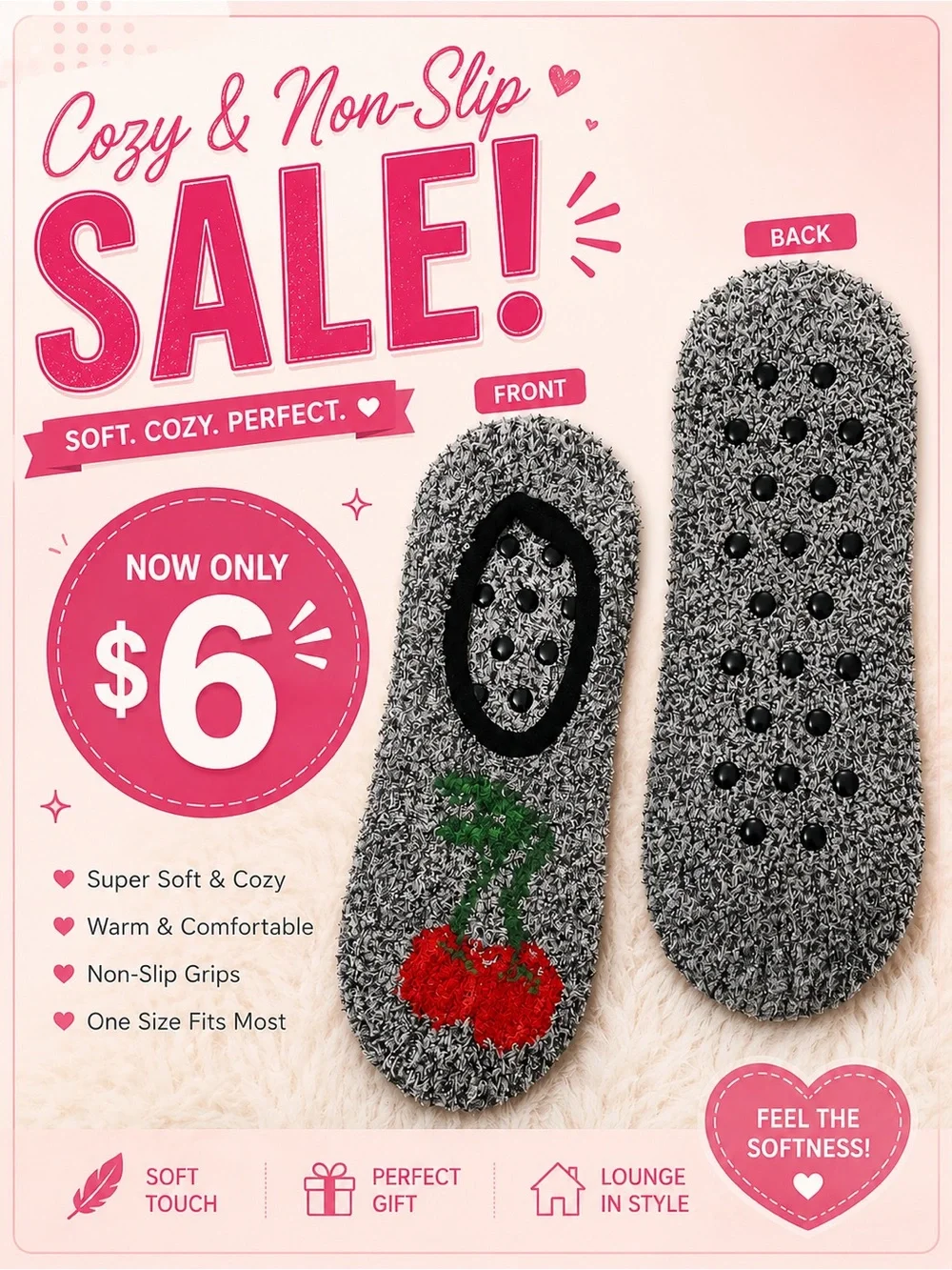 🩷. 8056. Cozy Non-Slip Cherry Grip Slipper Socks - Gray & Red